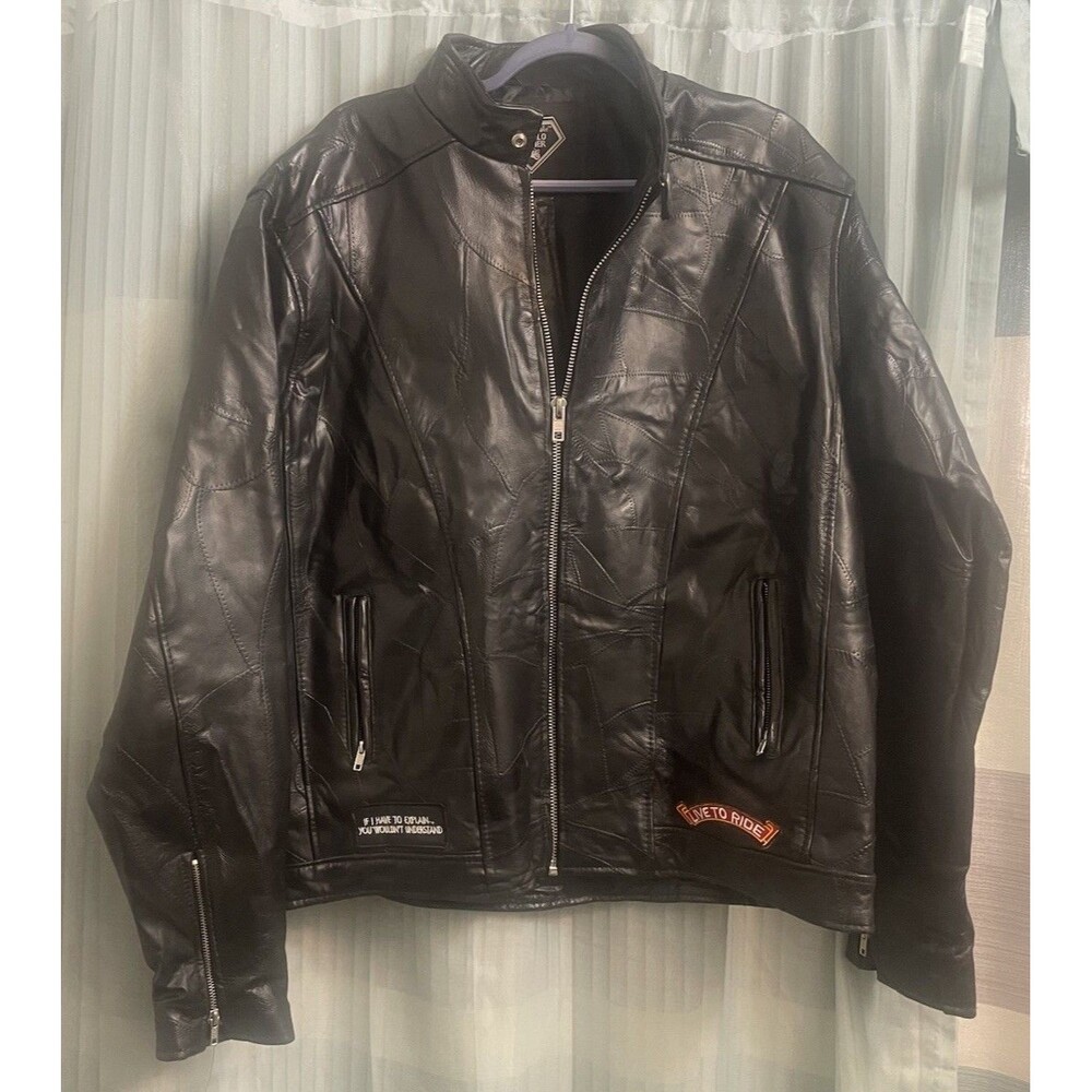 Diamond Plate, Buffalo Leather Men’s Biker Jacket, Black Size 3xl Live To Ride